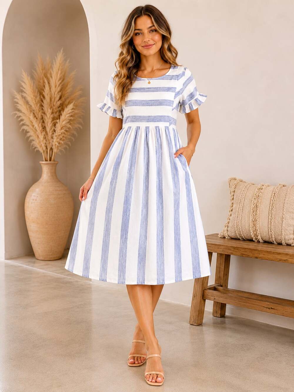 orange creek Blue and White Striped Midi Dress